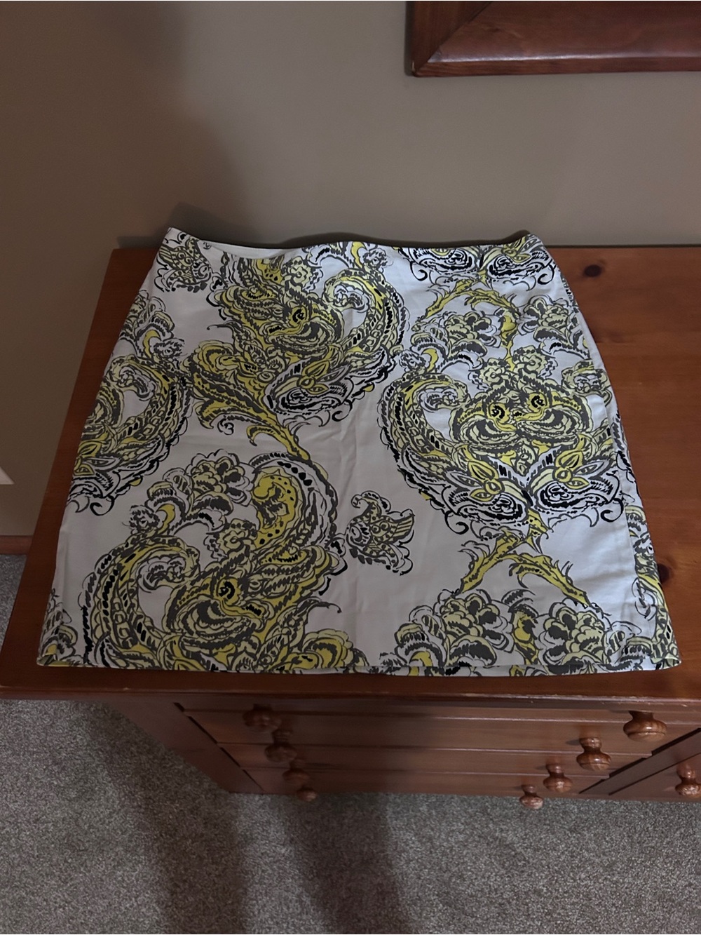 Ann Taylor White Mini Skirt with Yellow & Black Paisley Print